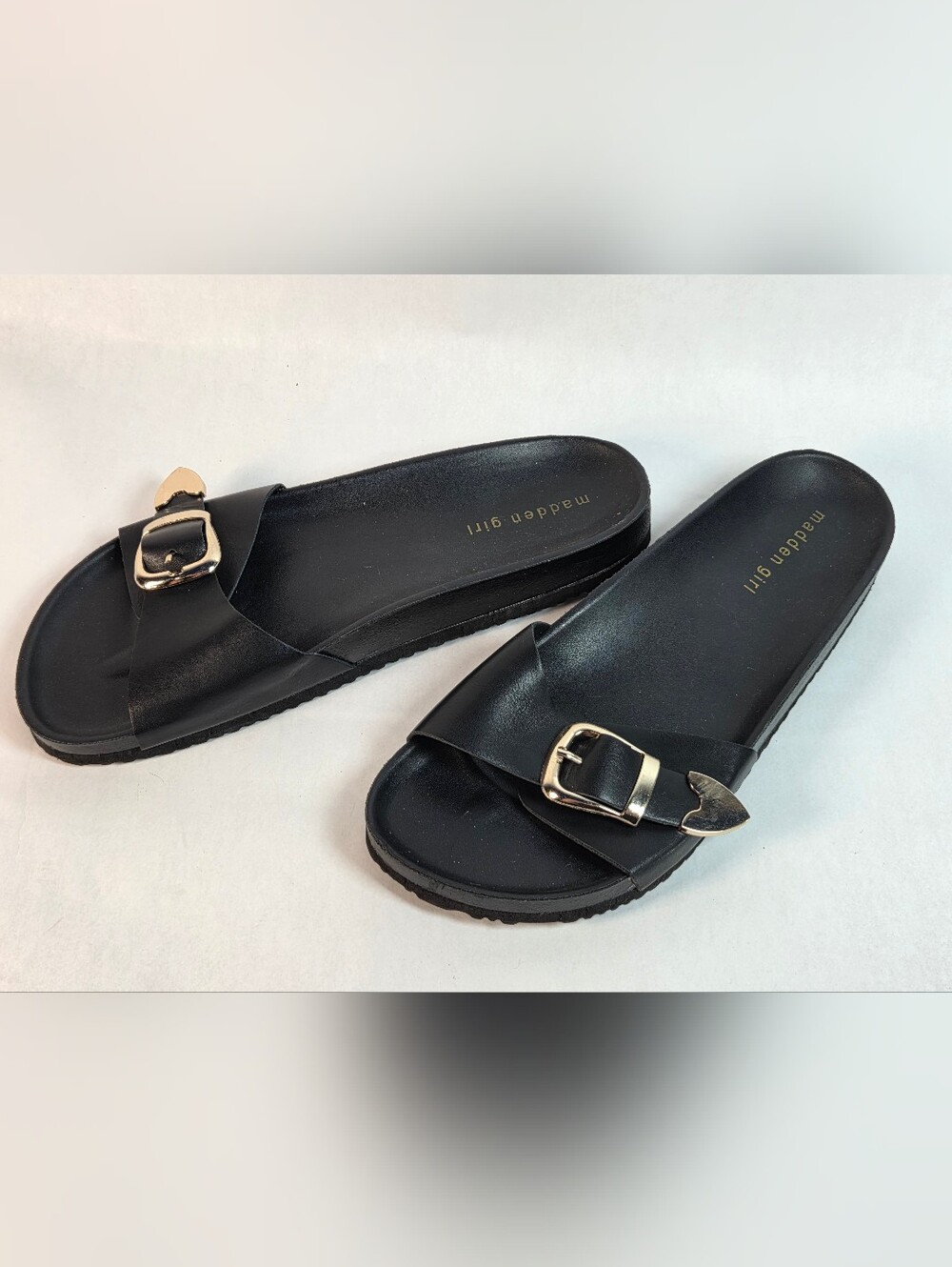 Madden Girl Black Slide Sandals with Gold Buckle Accent